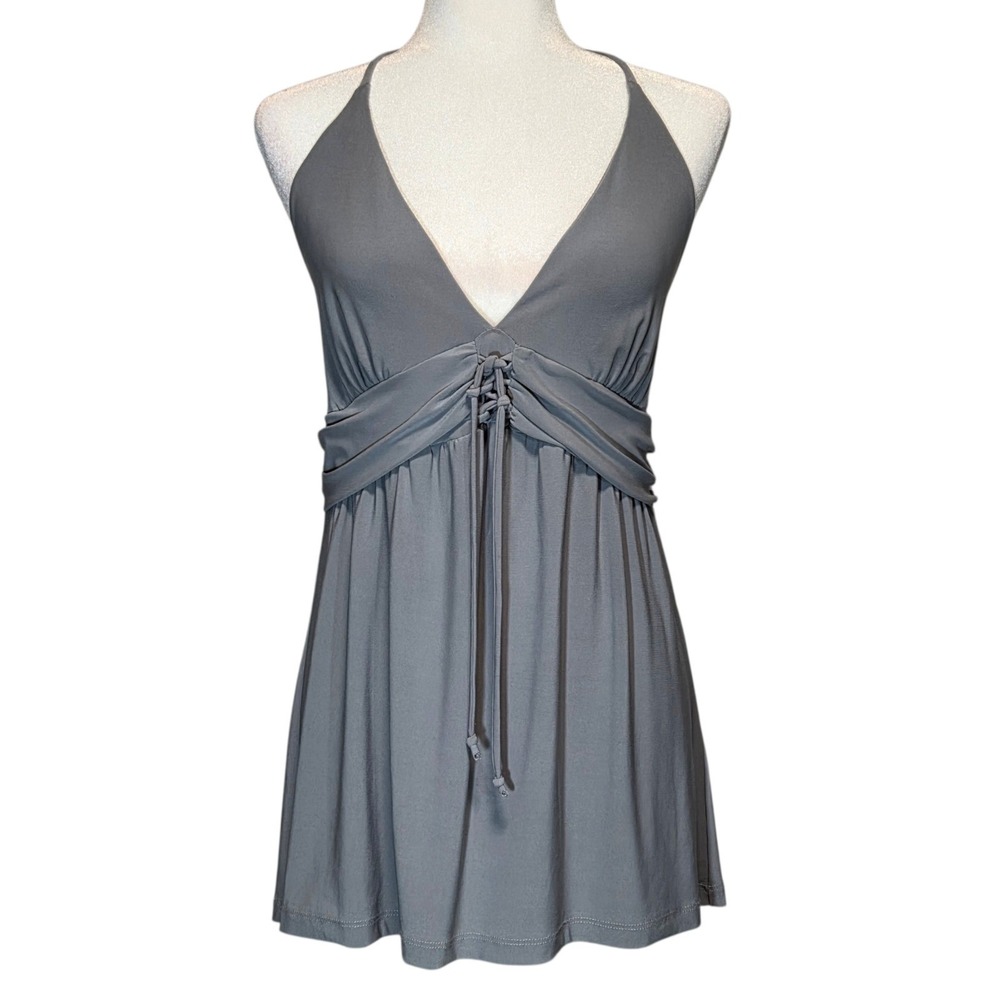 No Boundaries Y2K Gray Halter Top Boho Soft‎ Glam 2010s Club Tie Front Womens XL